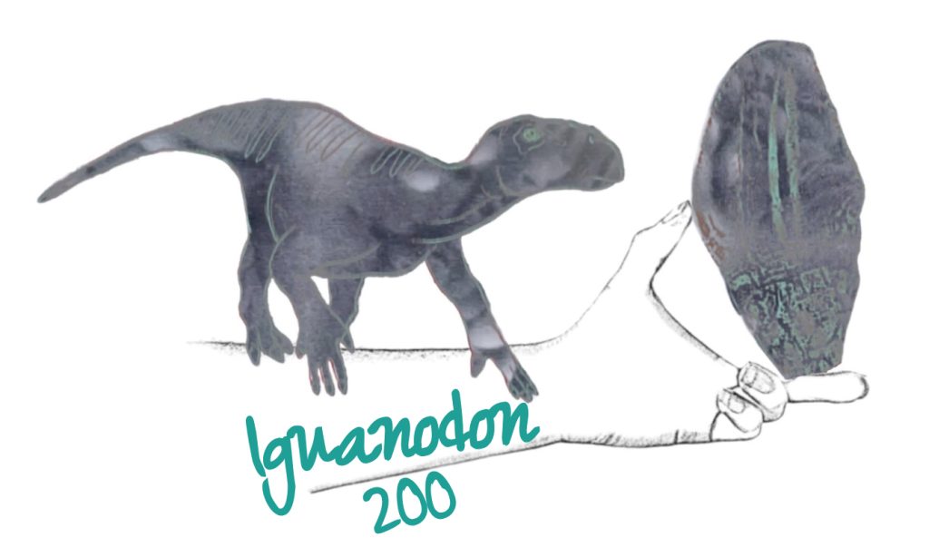 This is the iguanodon logo featuring a hand holding a tooth with an iguanodon perched on the arm